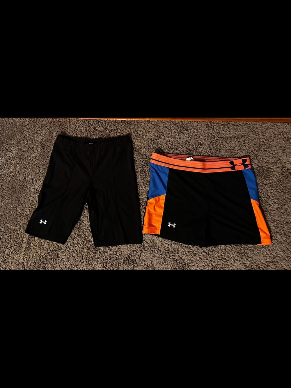 Under Armour Black Compression Shorts & Black/Orange/Blue Athletic Skirt Set